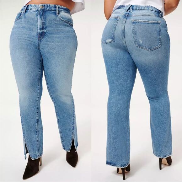 Good American Good Boy Twisted Slit Jeans in Blue875 High Rise - Picture 1 of 9